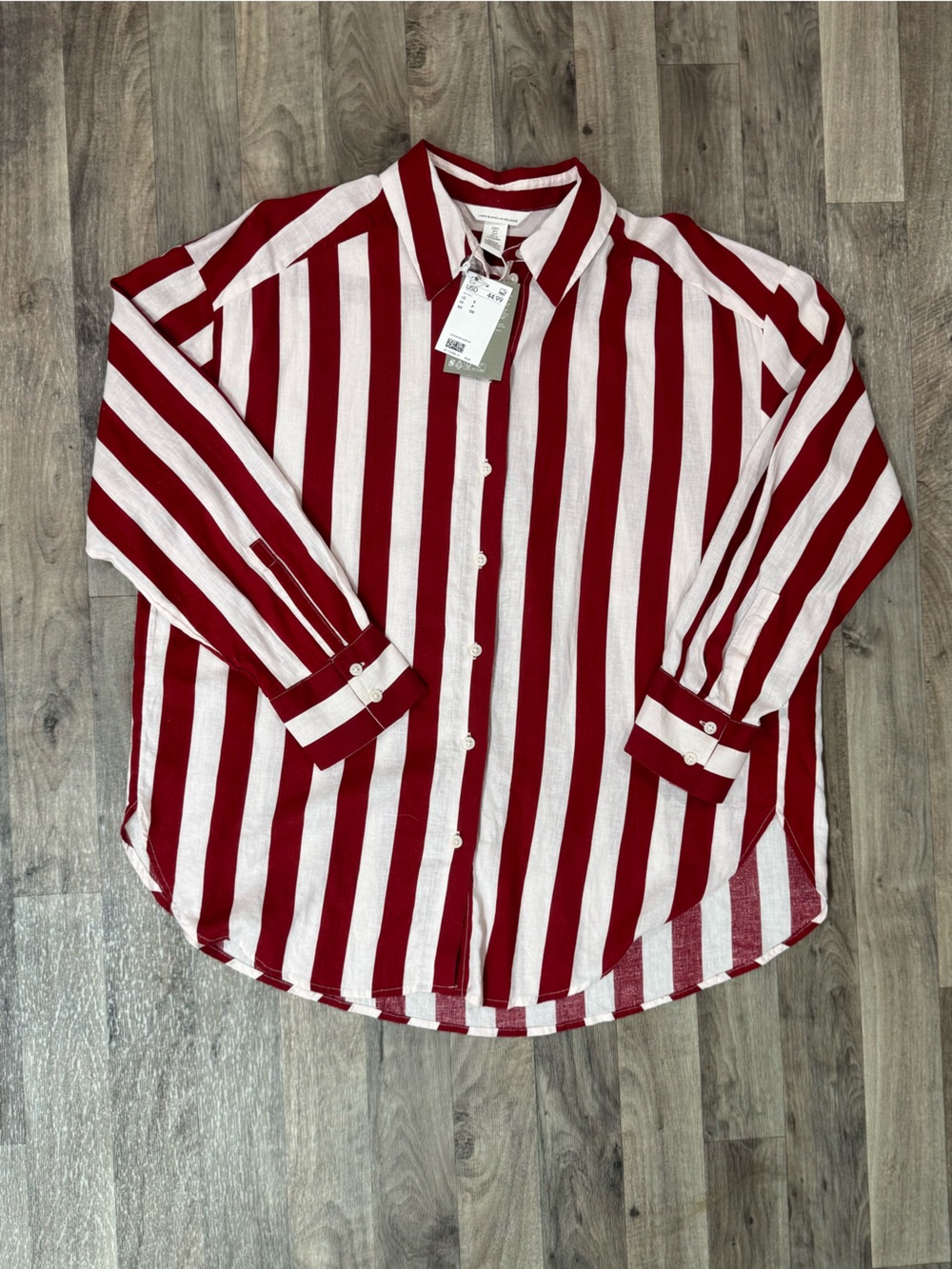 NWT H&M Red White Stripe Linen Blend Button Down Shirt Women’s Small Coastal